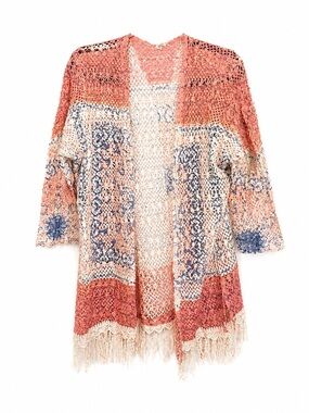 Reba Crochet Fringe Cardigan 1X Pink Blue Open Front Boho Duster Plus Size